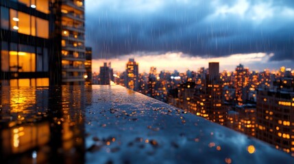 Obraz premium Rainy Cityscape Evening with Reflections and Vibrant City Lights at Dusk