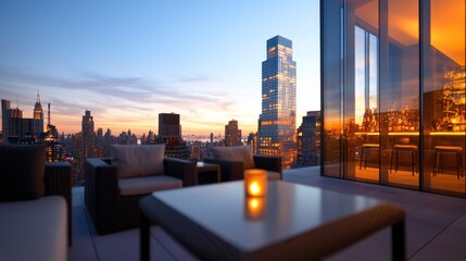 Obraz premium Modern Rooftop Terrace with City Skyline View at Dusk in Urban Environment