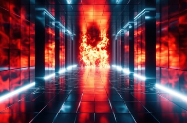 Fototapeta premium A studio room setting illuminated by soft red fire flames.