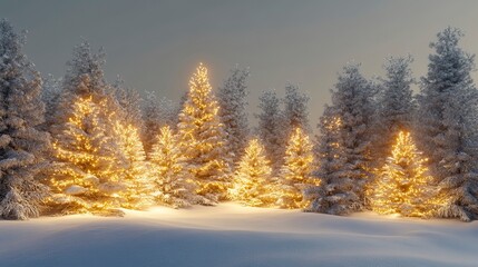 Fototapeta premium Snowy Pine Trees with Twinkling Christmas Lights Snowy Winter Wonderland, Snowy Winter Wonderland 