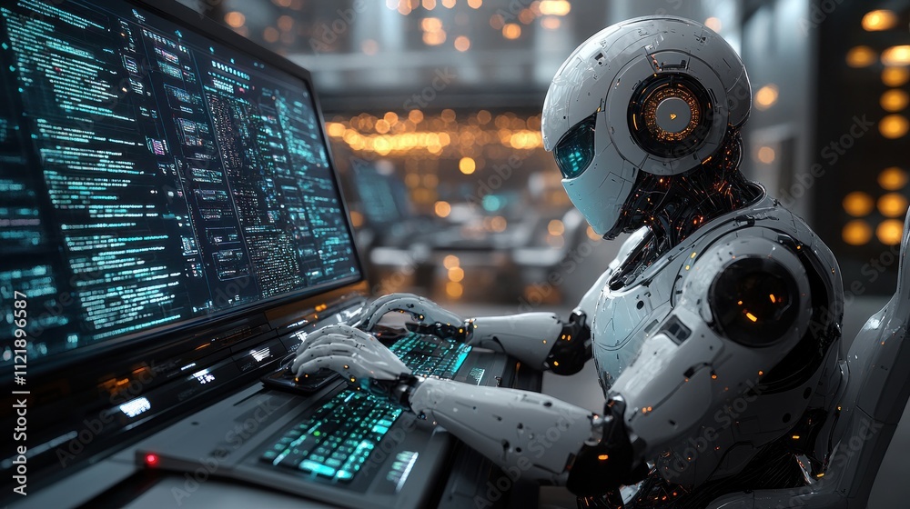 Poster futuristic robot working on a computer in a tech environment