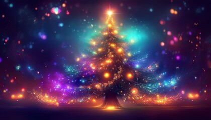 Naklejka premium Christmas tree with sparkling lights and bokeh on background graphic resource