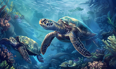 Obraz premium Two sea turtles swimming in vibrant coral reef.