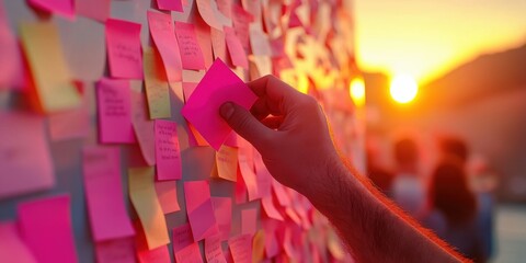 A cinematic close-up of a person sticking a neon pink note onto a glass board filled with layered sticky notes of different colours