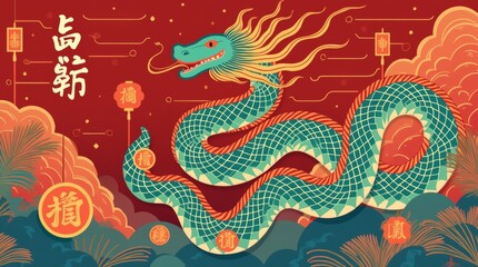 A vibrant illustration celebrating the Year of the Snake, featuring a beautifully designed snake entwined with traditional Chinese symbols, such as lanterns and coins, representing prosperity and good