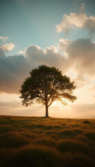 Obraz premium Lone tree silhouette at sunset with dramatic clouds and grassy fields
