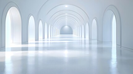 Obraz premium A serene, minimalist gallery featuring arched doorways and a reflective floor, bathed in soft natural light, creating a calm and open atmosphere.