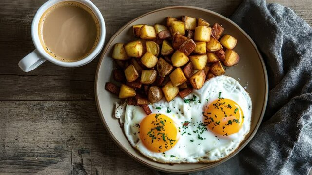 Panning over a Plate of Fried Eggs and Hash Brown Potatoes on a Wooden Table