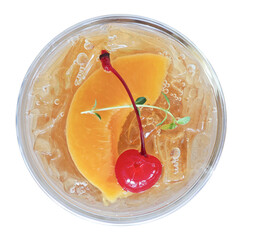 Fresh fruit juice with melon and cherry topping white background ;top view. on transparent.