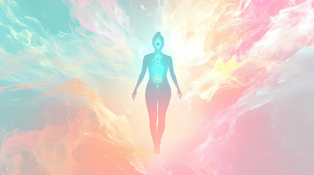 Chakra energy balancing - soft pastel colored energy field around a white female silhouette with a turquoise glow, with seven chakras aligned centrally from crown to root. Auric. Illustration
