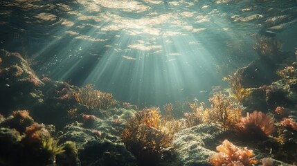 Obraz premium Exploring underwater reef marine life with sunlight penetrating watersan ecological perspective