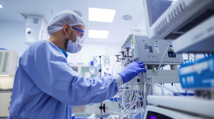 Naklejka premium A technician performing maintenance on a piece of critical medical equipment, ensuring it's in working order