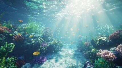 Fototapeta premium Exploring the vibrant underwater reef ecosystema journey through crystal waters and soft sunlight highlighting marine life