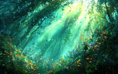 Obraz premium Exploring underwater kelp forests in soft green-blue lighta dive into marine ecosystems and mysterious depths