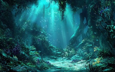 Obraz premium Exploring the underwater kelp forest ecosystema journey through the soft emerald blue lighting of marine biodiversity in the mysterious oceanic depths