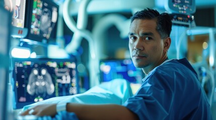 Fototapeta premium A technician repairing a complex piece of medical imaging equipment in a hospital setting