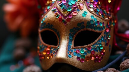 A close-up of a beautifully crafted mask adorned with colorful sequins, capturing the light and creating a dazzling effect, perfect for masquerade balls and festive celebrations.