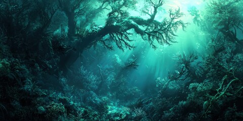 Obraz premium Exploring the underwater kelp forest ecosystemsoft emerald blue lighting marine biodiversity and mysterious oceanic depths