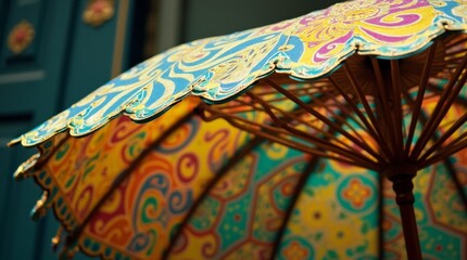 A close-up of a beautifully designed Mardi Gras umbrella featuring intricate patterns and bright colors, symbolizing the lively spirit of the festival and its rich traditions.