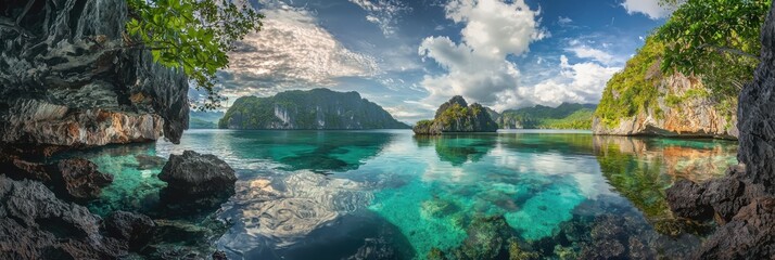 Obraz premium Nature's beauty aerial photography of rocky coves tropical lagoons and emerald waters under a dramatic sky