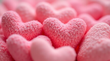 Obraz premium A close-up of a cluster of pink hearts made from soft fabric, showcasing texture and warmth, perfect for conveying affection and love in a cozy setting.