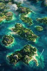 Obraz premium Exploring tropical paradiseaerial view of scattered islands in turquoise waters surrounded by lush vegetation