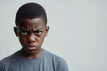 An angry black boy in a gray T-shirt on a smooth gray background, a place for text.