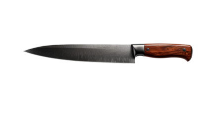 A premium kitchen chef's knife with a sleek black blade and wooden handle embodies strength and precision, perfect for culinary enthusiasts and professional chefs alike