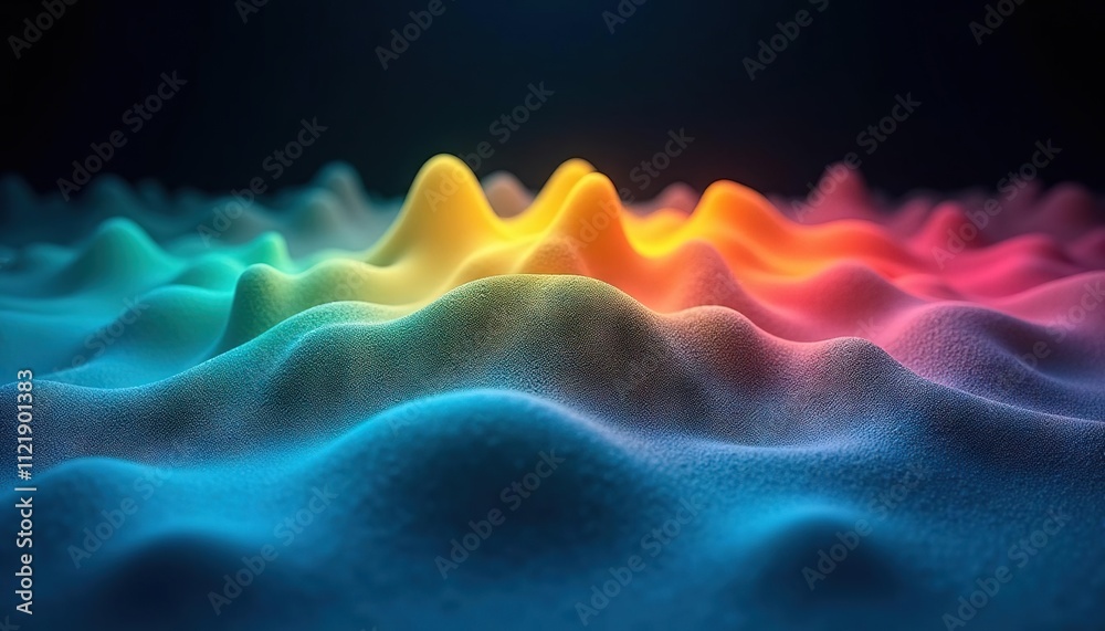 Poster abstract colorful wave pattern with textured peaks in a dark background, resembling a rainbow landsc
