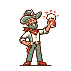 Obraz premium Cheerful cowboy holding a beer mug, celebrating with raised hand and vibrant stars in the background. Stylish and lively isolated vector illustration perfect for branding, labels, or promotional mater