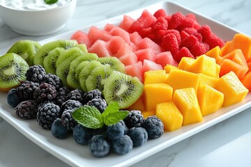 Fresh fruit platter featuring watermelon, raspberries, mango, kiwi, blackberries, and blueberries