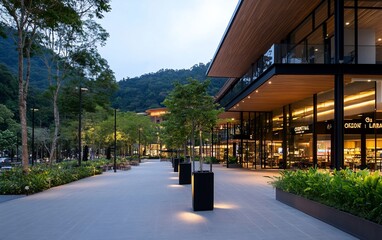 Modern shopping center with lush landscaping at dusk.