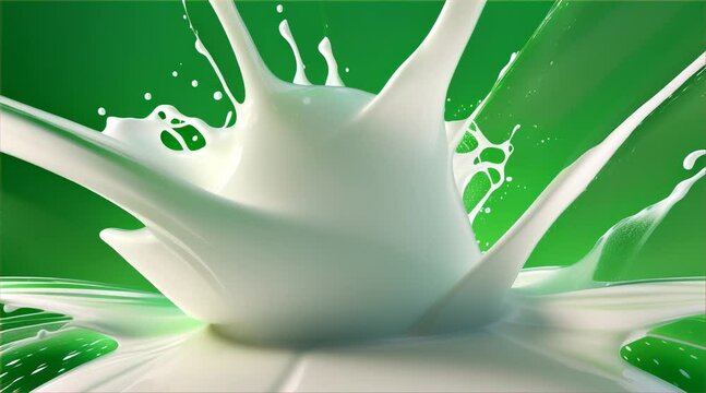 A vibrant, explosive milk splash bursts against a bright green background, showcasing the creamy texture and fluid motion in detail.