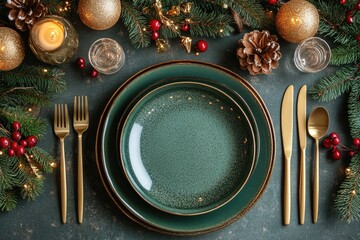 Christmas table setting with empty green plates, golden cutlery and decorations