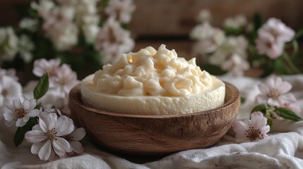 Creamy Delicacy in Wooden Bowl with Spring Blossoms