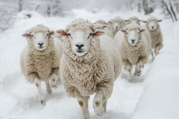 Flock of sheep running in the snow