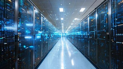 Modern high-tech data center with blue-lit racks of servers aligned in a corridor, representing information technology, advanced networks, and a secure data management system.