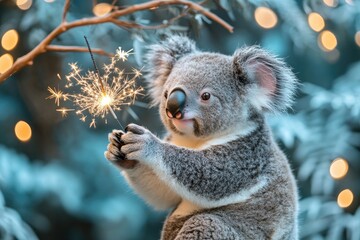 Obraz premium Cute koala holding a sparkler celebrating new year's eve