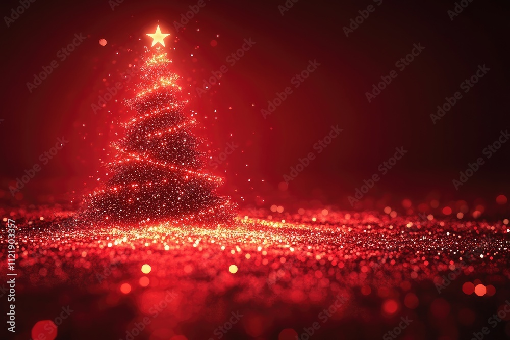 Poster sparkling red christmas tree with glowing star on red glitter background
