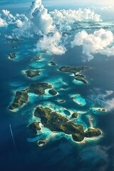 Obraz premium Exploring remote oceanic archipelagoaerial views of scattered islands and turquoise waters under dramatic cloud shadows