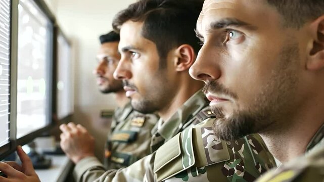 Team of Soldiers Planning Strategy in High Tech Command Center
