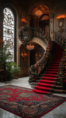 Fototapeta premium stylish interior with colorful Christmas decorations, including wreaths on the doors and garlands on the staircase, capturing the festive spirit for a cheerful smartphone wallpaper