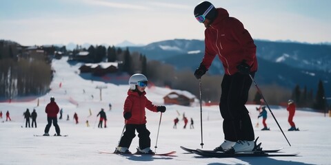 A heartwarming medium shot of a ski instructor helping a young child balance on skis