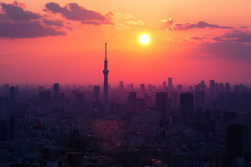 Fototapeta premium A vibrant sunset over a city skyline, featuring a prominent tower amidst urban landscapes.