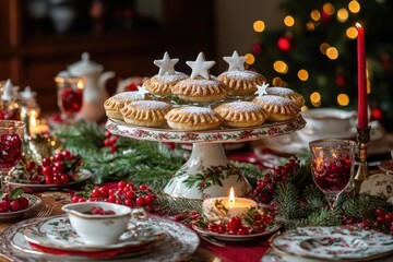 Christmas mince pies arranged on a cake stand, decorating the festive table setting
