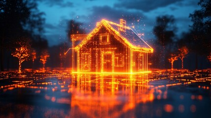 Fototapeta premium A glowing, digital representation of a house surrounded by trees, illuminated against a twilight sky, showcasing a blend of technology and nature.