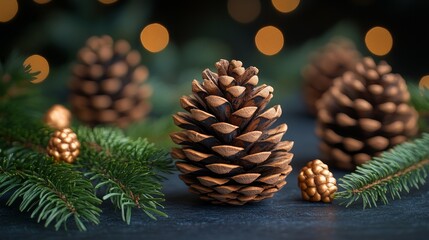 Decorative pinecones with festive greenery and soft bokeh background