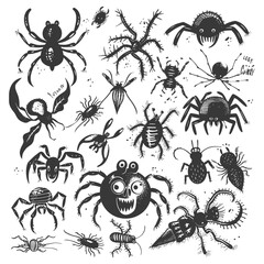 A Collection Of Hand Drawn Black And White Spiders And Other Insects