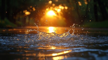 Golden Hour Water Splash: Sunset Serenity at the Riverbank