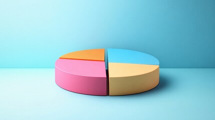 Obraz premium A colorful pie chart on a light blue background, segmented into four distinct sections, representing data visualization or statistical information.